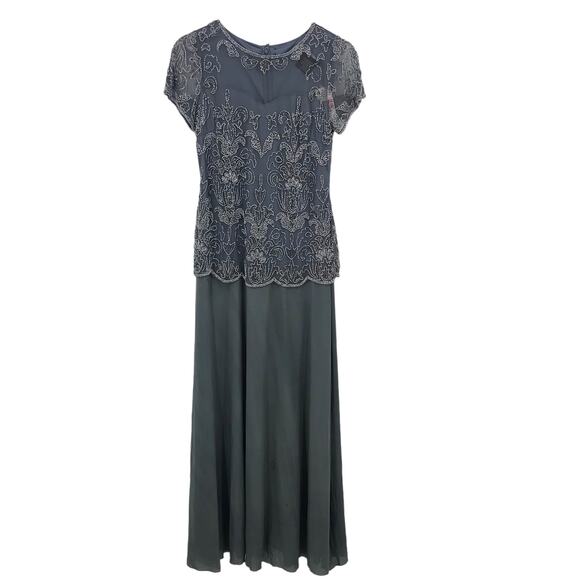 Pisarro Nights Beaded Bodice Maxi Gown 6 Sequin Embellished Short Sleeve Silver - Picture 1 of 13